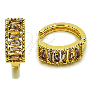 Oro Laminado Huggie Hoop, Gold Filled Style Baguette Design, with Amethyst Cubic Zirconia, Polished, Golden Finish, 02.413.0008.4.18