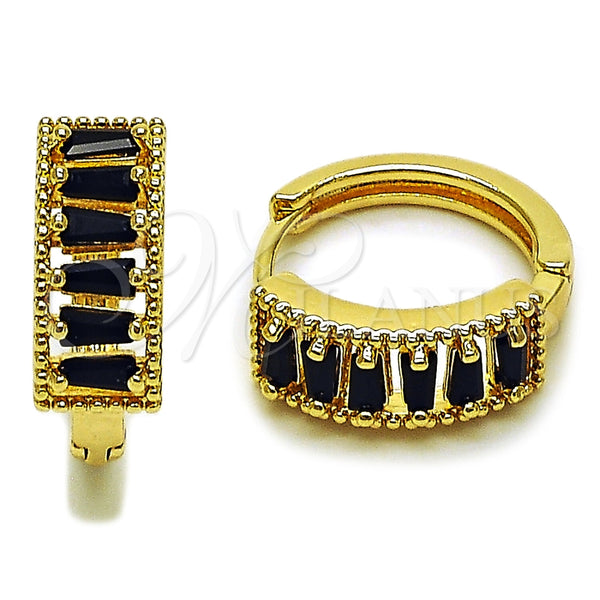 Oro Laminado Huggie Hoop, Gold Filled Style Baguette Design, with Black Cubic Zirconia, Polished, Golden Finish, 02.413.0008.5.18