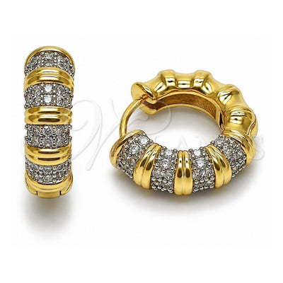 Oro Laminado Huggie Hoop, Gold Filled Style Bamboo Design, with White Micro Pave, Polished, Two Tone, 02.297.0008.20