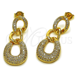 Oro Laminado Long Earring, Gold Filled Style Teardrop Design, with White Micro Pave, Polished, Golden Finish, 02.297.0009