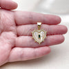 Oro Laminado Fancy Pendant, Gold Filled Style Heart and Baguette Design, with Ivory Mother of Pearl and Green Cubic Zirconia, Polished, Golden Finish, 05.342.0277