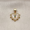 Oro Laminado Fancy Pendant, Gold Filled Style Heart and Baguette Design, with Ivory Mother of Pearl and Green Cubic Zirconia, Polished, Golden Finish, 05.342.0277