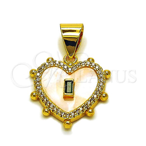 Oro Laminado Fancy Pendant, Gold Filled Style Heart and Baguette Design, with Ivory Mother of Pearl and Green Cubic Zirconia, Polished, Golden Finish, 05.342.0277
