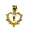 Oro Laminado Fancy Pendant, Gold Filled Style Heart and Baguette Design, with Ivory Mother of Pearl and Green Cubic Zirconia, Polished, Golden Finish, 05.342.0277
