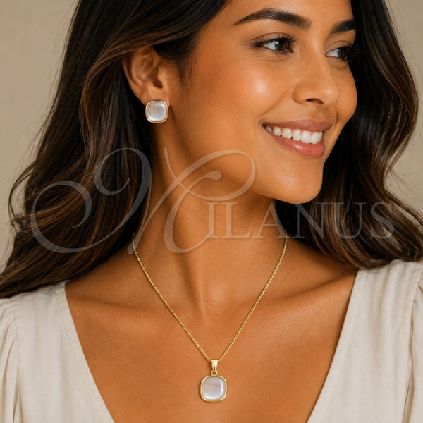 Oro Laminado Earring and Pendant Adult Set, Gold Filled Style with Ivory Mother of Pearl, Polished, Golden Finish, 10.342.0312