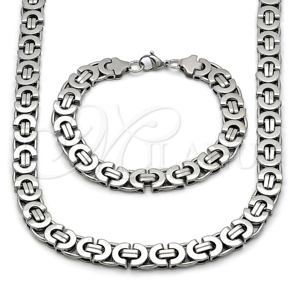 Stainless Steel Necklace and Bracelet, Greek Key Design, Polished, Steel Finish, 06.363.0035.22