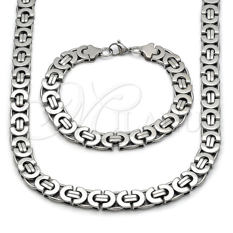 Stainless Steel Necklace and Bracelet, Greek Key Design, Polished, Steel Finish, 06.363.0035.22