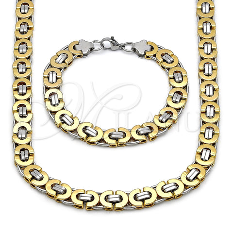 Stainless Steel Necklace and Bracelet, Greek Key Design, Polished, Two Tone, 06.363.0035.1.22