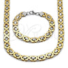 Stainless Steel Necklace and Bracelet, Greek Key Design, Polished, Two Tone, 06.363.0035.1.22