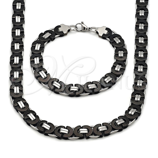 Stainless Steel Necklace and Bracelet, Greek Key Design, Polished, Two Tone, 06.363.0035.3.22