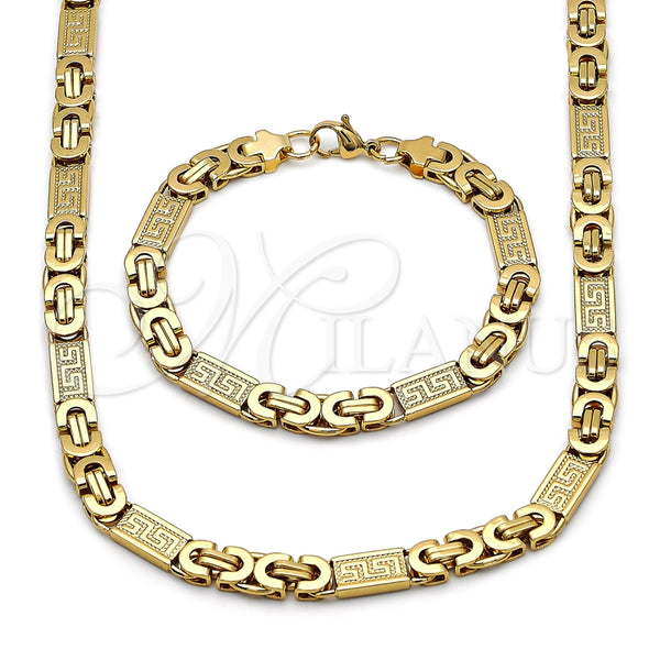 Stainless Steel Necklace and Bracelet, Greek Key Design, Polished, Golden Finish, 06.116.0217.22