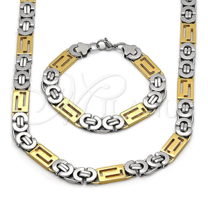 Stainless Steel Necklace and Bracelet, Greek Key Design, Polished, Two Tone, 06.116.0218.22