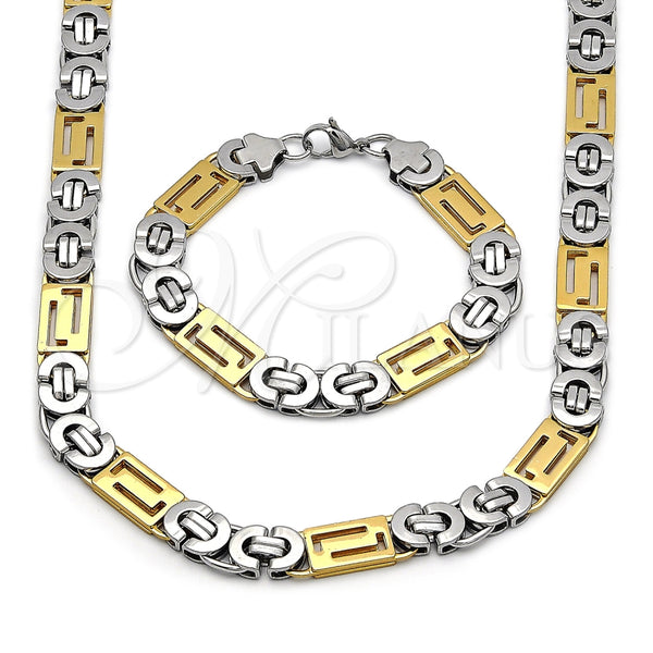 Stainless Steel Necklace and Bracelet, Greek Key Design, Polished, Two Tone, 06.116.0218.22