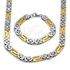 Stainless Steel Necklace and Bracelet, Greek Key Design, Polished, Two Tone, 06.116.0218.22