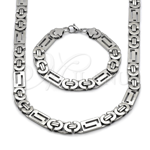 Stainless Steel Necklace and Bracelet, Greek Key Design, Polished, Steel Finish, 06.116.0218.2.22