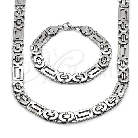 Stainless Steel Necklace and Bracelet, Greek Key Design, Polished, Steel Finish, 06.116.0218.2.22