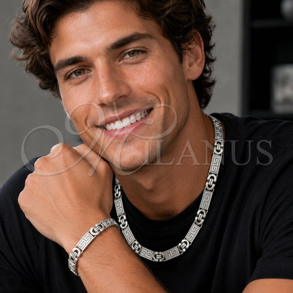 Stainless Steel Necklace and Bracelet, Greek Key Design, Polished, Steel Finish, 06.116.0219.22