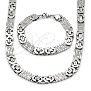 Stainless Steel Necklace and Bracelet, Greek Key Design, Polished, Steel Finish, 06.116.0219.22