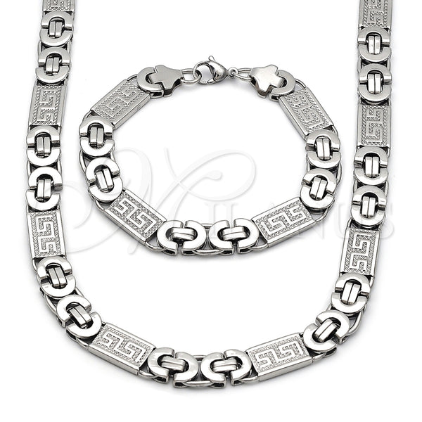 Stainless Steel Necklace and Bracelet, Greek Key Design, Polished, Steel Finish, 06.116.0219.22