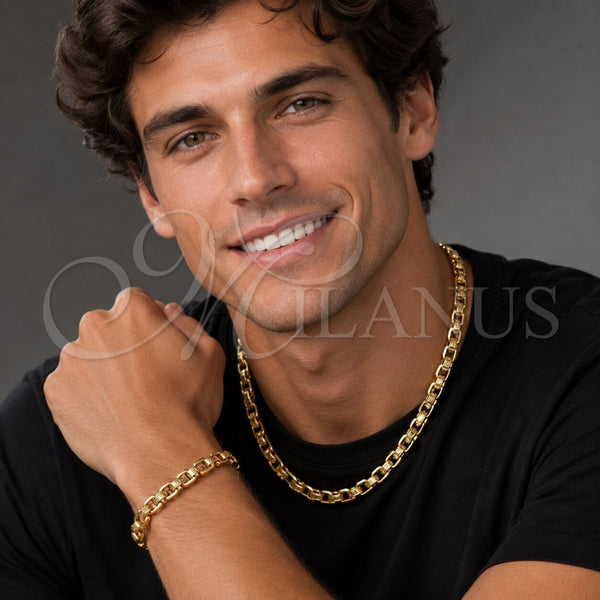 Stainless Steel Necklace and Bracelet, Greek Key Design, Polished, Golden Finish, 06.116.0220.22