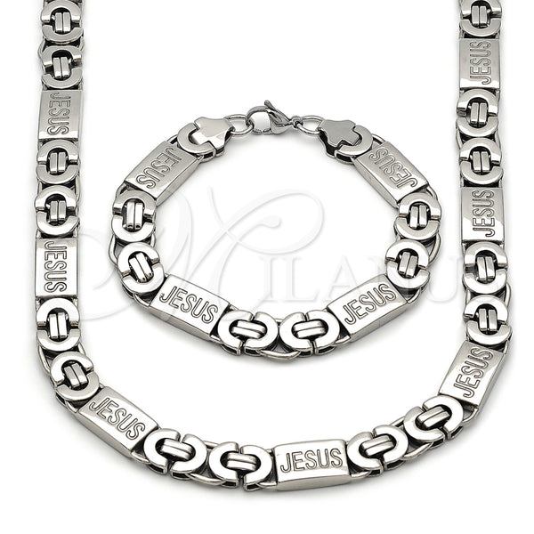 Stainless Steel Necklace and Bracelet, Jesus Design, Polished, Steel Finish, 06.116.0222.22