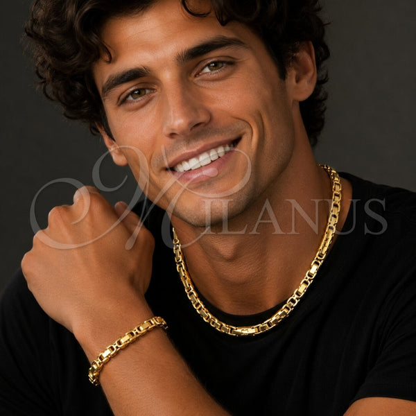 Stainless Steel Necklace and Bracelet, Greek Key Design, Polished, Golden Finish, 06.116.0223.22