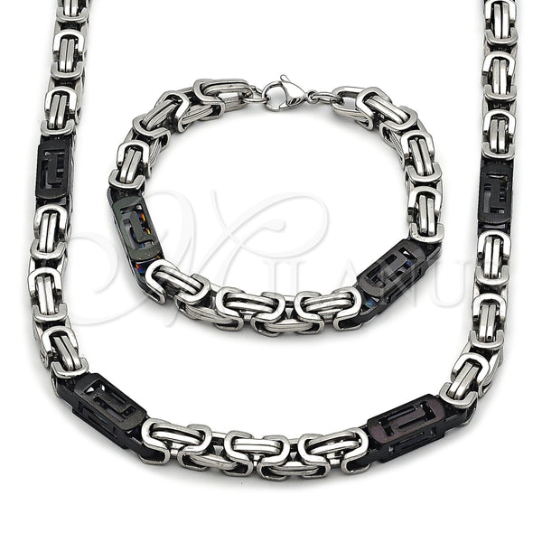 Stainless Steel Necklace and Bracelet, Greek Key Design, Polished, Two Tone, 06.116.0050.3.22
