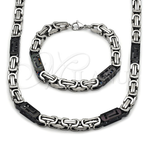 Stainless Steel Necklace and Bracelet, Greek Key Design, Polished, Two Tone, 06.116.0050.3.22