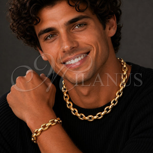 Stainless Steel Necklace and Bracelet, Puff Mariner Design, Polished, Golden Finish, 06.116.0227.1.22