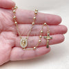 Oro Laminado Thin Rosary, Gold Filled Style Guadalupe and Crucifix Design, with White Micro Pave, Polished, Golden Finish, 09.253.0062.1.20