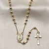 Oro Laminado Thin Rosary, Gold Filled Style Guadalupe and Crucifix Design, with White Micro Pave, Polished, Golden Finish, 09.253.0062.1.20