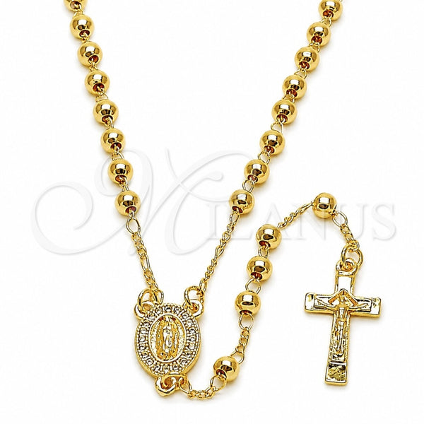 Oro Laminado Thin Rosary, Gold Filled Style Guadalupe and Crucifix Design, with White Micro Pave, Polished, Golden Finish, 09.253.0062.1.20