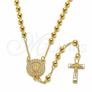 Oro Laminado Thin Rosary, Gold Filled Style Guadalupe and Crucifix Design, with White Cubic Zirconia, Polished, Golden Finish, 09.253.0088.20