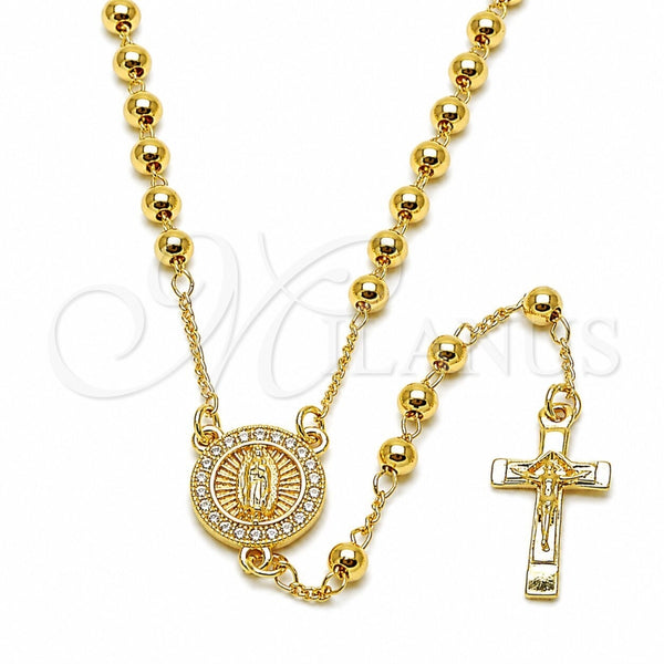 Oro Laminado Thin Rosary, Gold Filled Style Guadalupe and Crucifix Design, with White Cubic Zirconia, Polished, Golden Finish, 09.253.0088.20