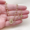 Oro Laminado Thin Rosary, Gold Filled Style Guadalupe and Cross Design, with White Cubic Zirconia, Polished, Golden Finish, 09.253.0080.20