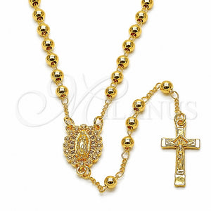 Oro Laminado Thin Rosary, Gold Filled Style Guadalupe and Cross Design, with White Cubic Zirconia, Polished, Golden Finish, 09.253.0080.20