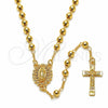 Oro Laminado Thin Rosary, Gold Filled Style Guadalupe and Cross Design, with White Cubic Zirconia, Polished, Golden Finish, 09.253.0080.20