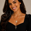 Oro Laminado Thin Rosary, Gold Filled Style Guadalupe and Crucifix Design, with White Micro Pave, Polished, Golden Finish, 09.253.0090.20