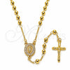 Oro Laminado Thin Rosary, Gold Filled Style Guadalupe and Crucifix Design, with White Micro Pave, Polished, Golden Finish, 09.253.0090.20