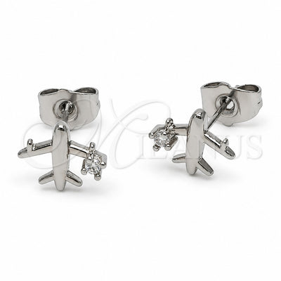 Rhodium Gold Filled Stud Earring, Airplane Design, with White Cubic Zirconia, Polished, Rhodium Finish, 02.310.0130