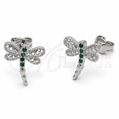 Rhodium Gold Filled Stud Earring, Dragon-Fly Design, with Green Cubic Zirconia, Polished, Rhodium Finish, 02.310.0135