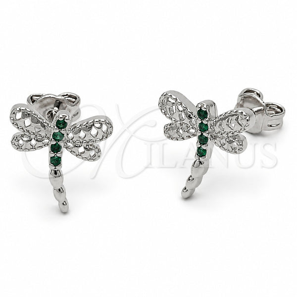 Rhodium Gold Filled Stud Earring, Dragon-Fly Design, with Green Cubic Zirconia, Polished, Rhodium Finish, 02.310.0135