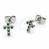 Rhodium Gold Filled Stud Earring, Cross Design, with Green Cubic Zirconia, Polished, Rhodium Finish, 02.310.0136