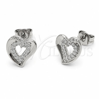 Rhodium Gold Filled Stud Earring, Heart Design, with White Cubic Zirconia, Polished, Rhodium Finish, 02.310.0139