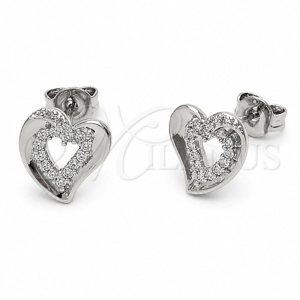 Rhodium Gold Filled Stud Earring, Heart Design, with White Cubic Zirconia, Polished, Rhodium Finish, 02.310.0139