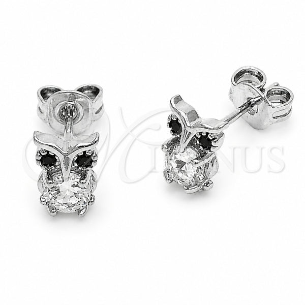 Rhodium Gold Filled Stud Earring, Owl Design, with Black and White Cubic Zirconia, Polished, Rhodium Finish, 02.310.0147