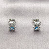 Rhodium Gold Filled Stud Earring, Teddy Bear and Evil Eye Design, with White and Black Micro Pave, Azul claro Enamel Finish, Rhodium Finish, 02.310.0149