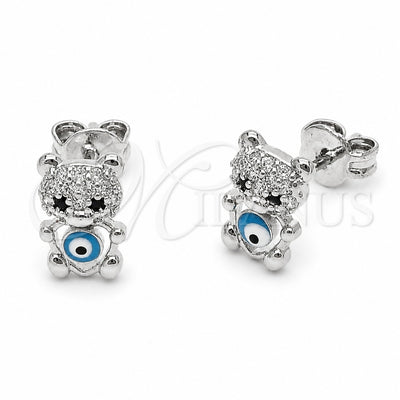 Rhodium Gold Filled Stud Earring, Teddy Bear and Evil Eye Design, with White and Black Micro Pave, Azul claro Enamel Finish, Rhodium Finish, 02.310.0149
