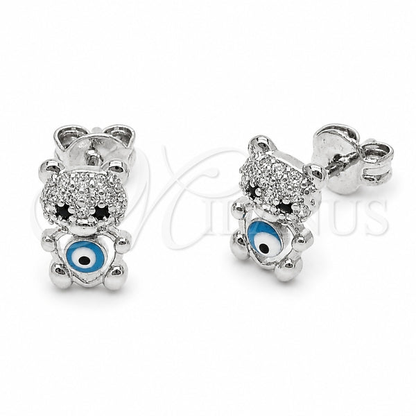 Rhodium Gold Filled Stud Earring, Teddy Bear and Evil Eye Design, with White and Black Micro Pave, Azul claro Enamel Finish, Rhodium Finish, 02.310.0149