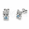 Rhodium Gold Filled Stud Earring, Teddy Bear and Evil Eye Design, with White and Black Micro Pave, Azul claro Enamel Finish, Rhodium Finish, 02.310.0149